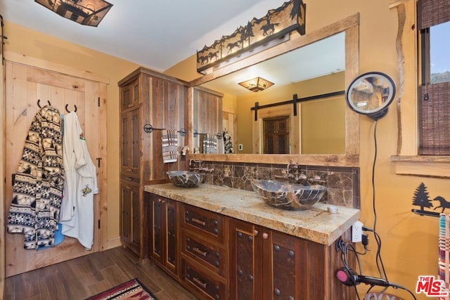 bathroom with hardwood / wood-style flooring, vanity, and tasteful backsplash