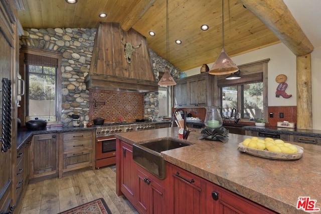 kitchen featuring hanging light fixtures, sink, a healthy amount of sunlight, and range with two ovens