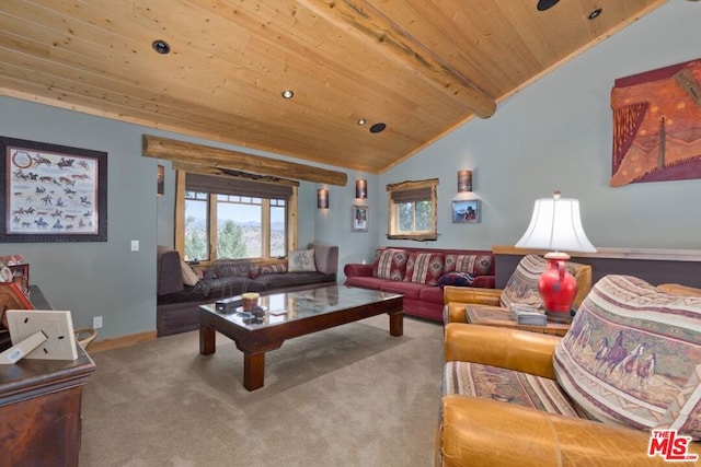 carpeted living room with wooden ceiling and lofted ceiling with beams