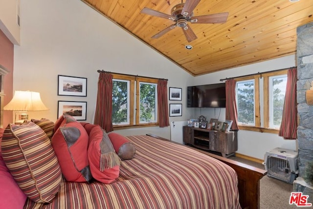 bedroom featuring ceiling fan, vaulted ceiling, wood ceiling, and multiple windows