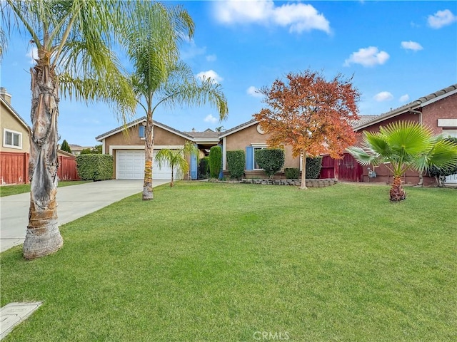 ranch-style home featuring a garage and a front yard