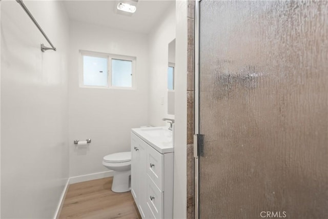 bathroom featuring toilet, vanity, and wood-type flooring