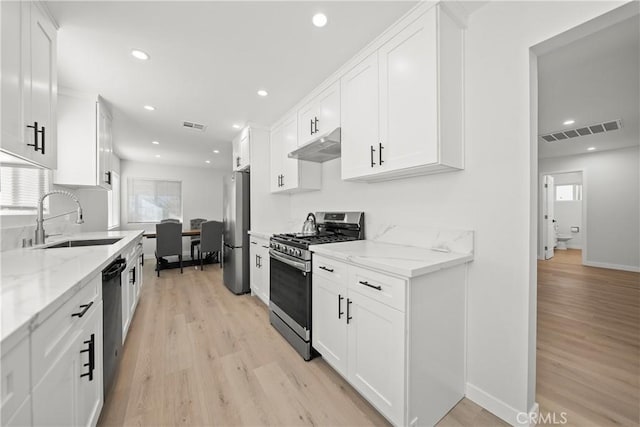 kitchen featuring light stone countertops, stainless steel appliances, white cabinetry, and sink