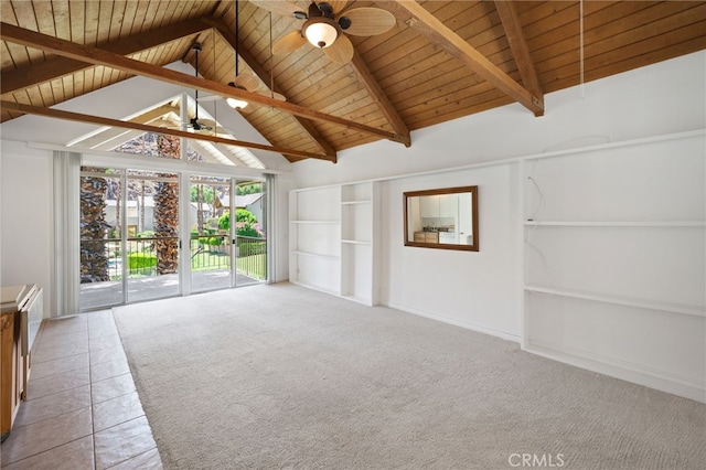 unfurnished living room with vaulted ceiling with beams, light colored carpet, ceiling fan, and wooden ceiling