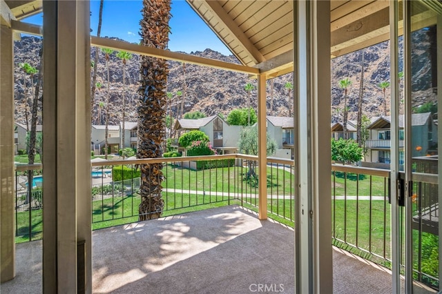 view of patio with a mountain view