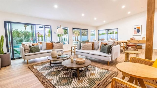 living room with light hardwood / wood-style floors and vaulted ceiling