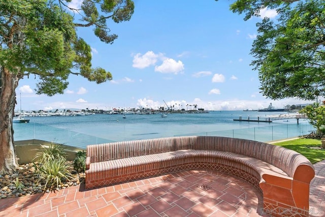 view of patio / terrace featuring a water view