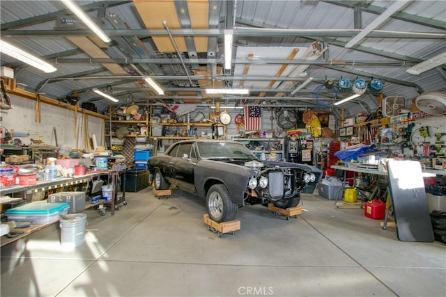 garage with a workshop area