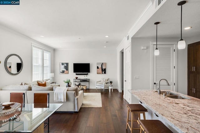 living room with dark wood-type flooring, sink, and crown molding