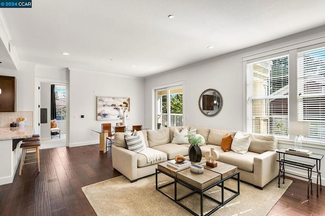 living room with dark hardwood / wood-style flooring and ornamental molding