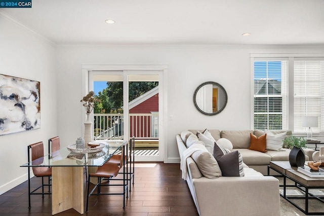 living room featuring ornamental molding and dark hardwood / wood-style flooring