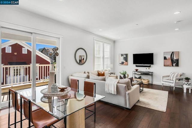 living room featuring dark wood-type flooring and crown molding