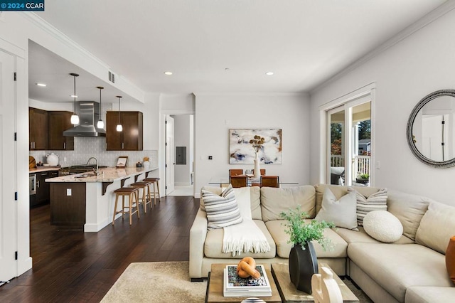 living room featuring electric panel, dark hardwood / wood-style flooring, ornamental molding, and sink