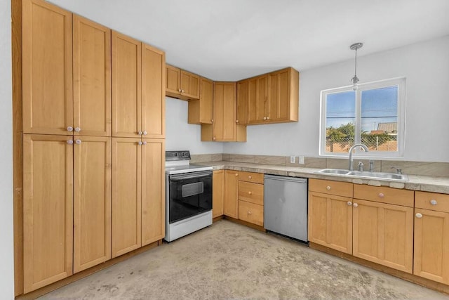 kitchen with dishwasher, white range with electric stovetop, hanging light fixtures, and sink