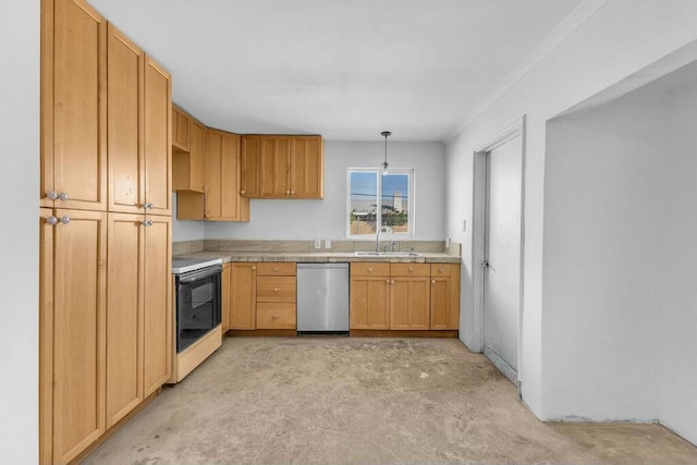 kitchen with black stove, dishwasher, sink, crown molding, and pendant lighting