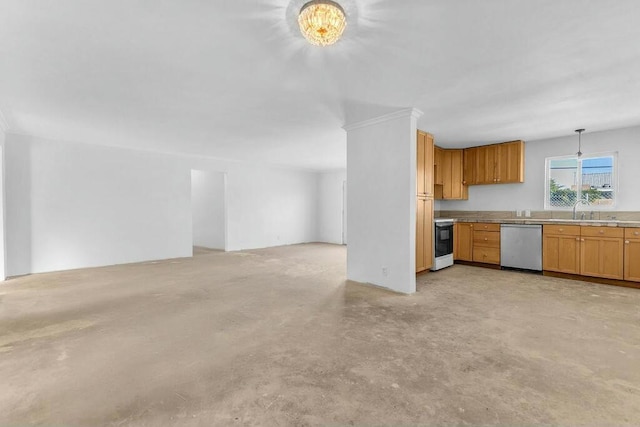 kitchen with white stove, dishwasher, decorative light fixtures, and sink