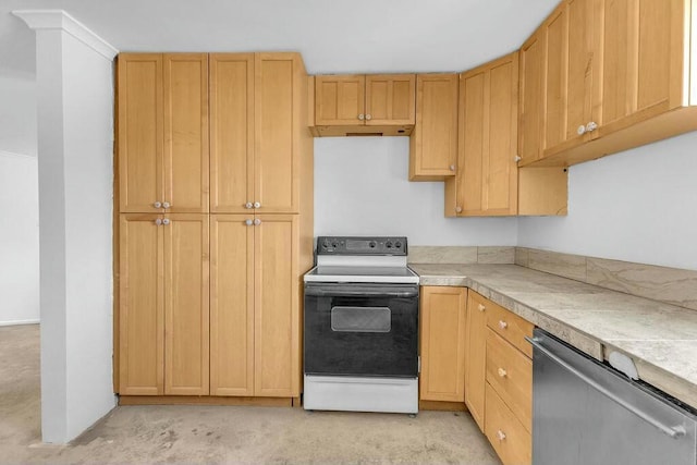 kitchen with light brown cabinets, white electric stove, and stainless steel dishwasher