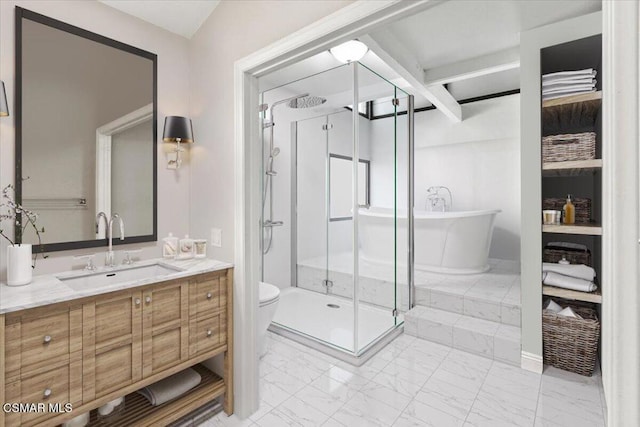 full bathroom with beamed ceiling, vanity, toilet, and shower with separate bathtub