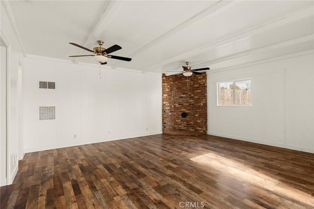 empty room featuring beamed ceiling, ceiling fan, dark hardwood / wood-style flooring, and crown molding