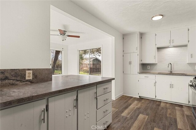 kitchen featuring sink, decorative backsplash, ceiling fan, dark hardwood / wood-style flooring, and white cabinetry