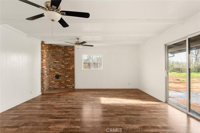 5690 Paradise Ave, Paradise, CA 95969 - empty room featuring wood finished floors, beamed ceiling, ceiling fan, and baseboards