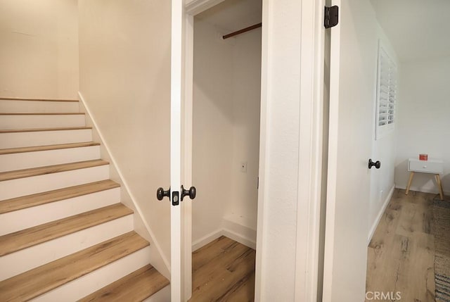 staircase with hardwood / wood-style floors