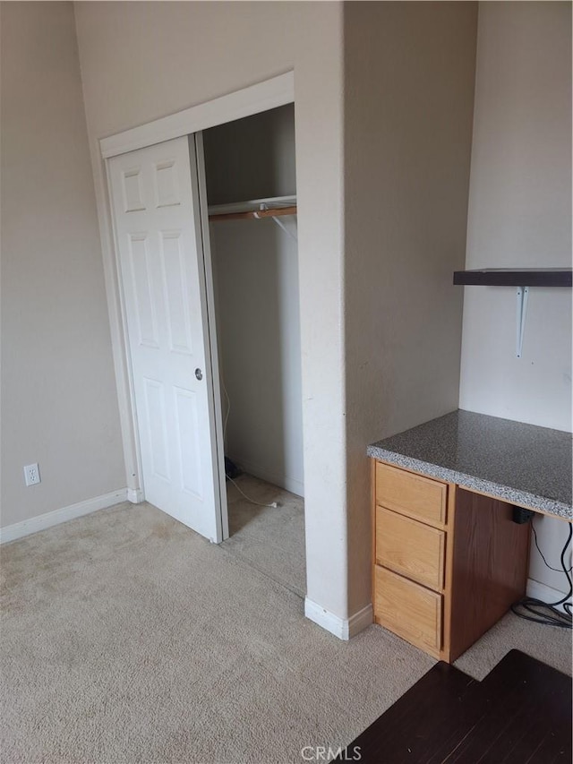 interior space featuring light colored carpet and a closet