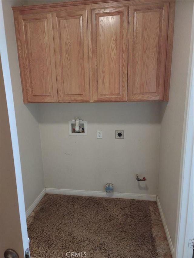 laundry area with hookup for a washing machine, cabinets, carpet flooring, hookup for a gas dryer, and hookup for an electric dryer