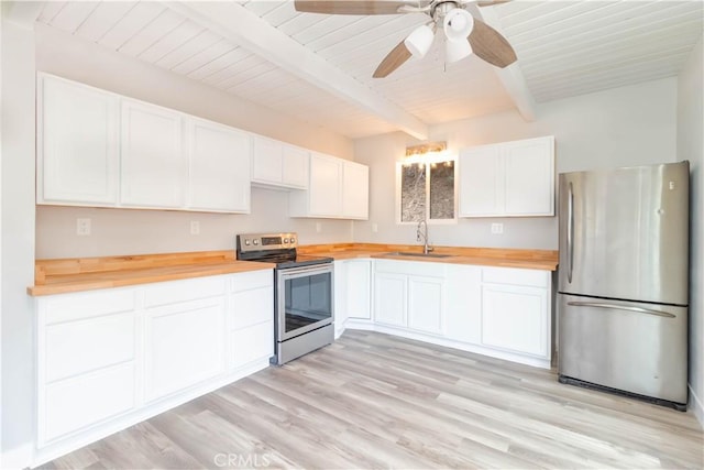 kitchen featuring beamed ceiling, white cabinetry, sink, wooden counters, and stainless steel appliances