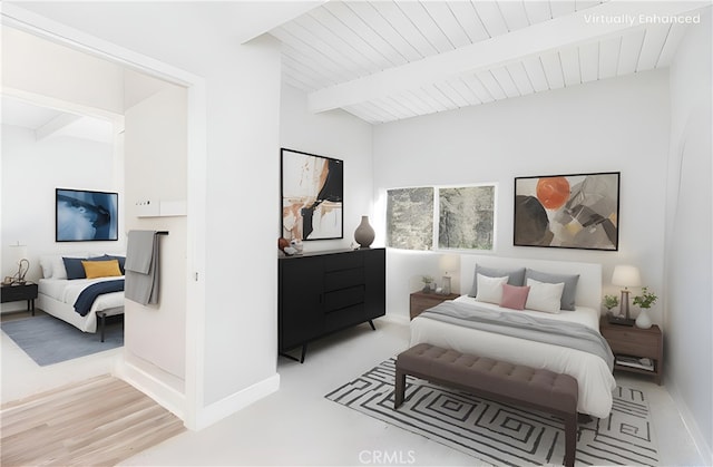 bedroom with beam ceiling