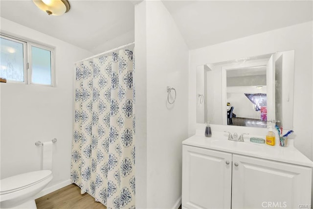 bathroom featuring toilet, a shower with curtain, wood-type flooring, and vanity