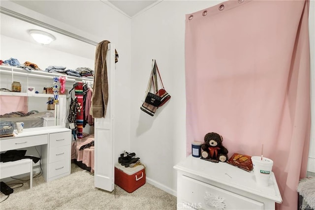 spacious closet featuring light colored carpet