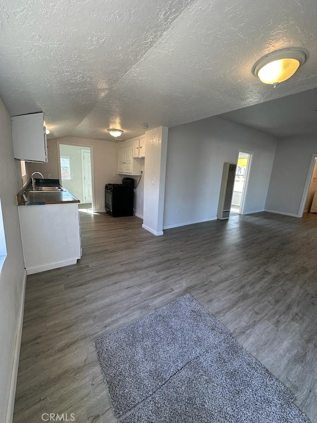 unfurnished living room with dark hardwood / wood-style floors, sink, and a textured ceiling