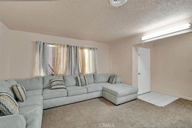 living area with light carpet and a textured ceiling