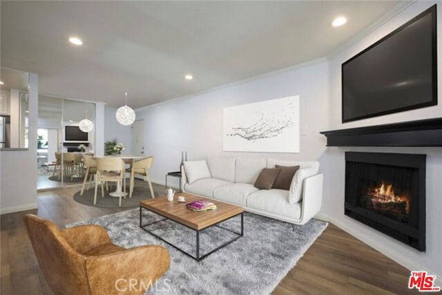 living room featuring dark hardwood / wood-style floors and ornamental molding