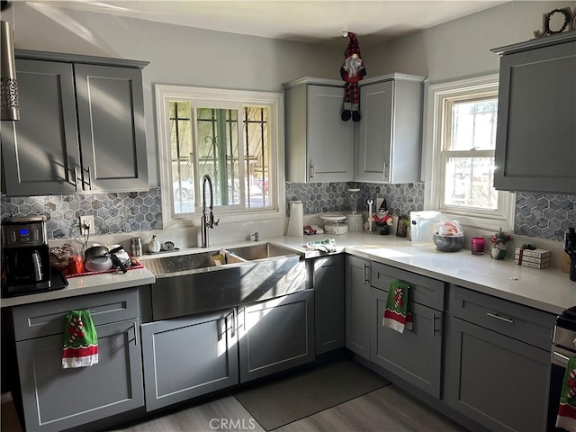 kitchen featuring tasteful backsplash, gray cabinetry, plenty of natural light, and sink