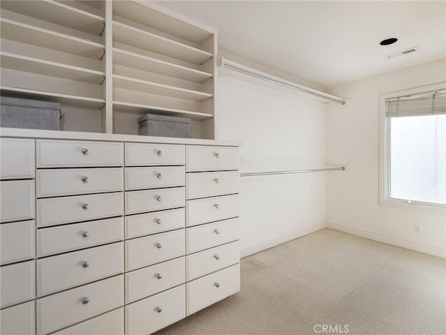 spacious closet featuring light carpet