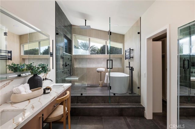 bathroom featuring a sink, double vanity, a shower stall, and a wealth of natural light