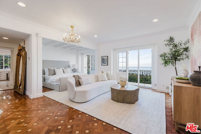 bedroom with access to exterior, dark parquet floors, multiple windows, and ornamental molding