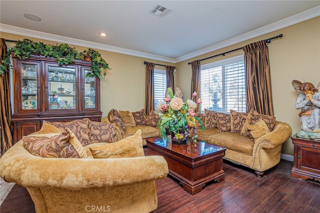 living room with crown molding and dark wood-type flooring