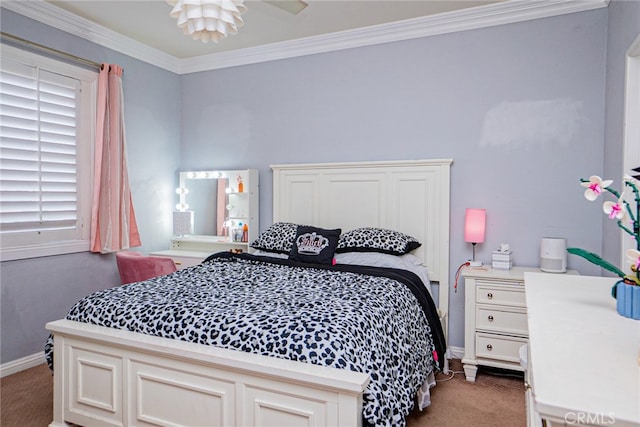 carpeted bedroom featuring crown molding