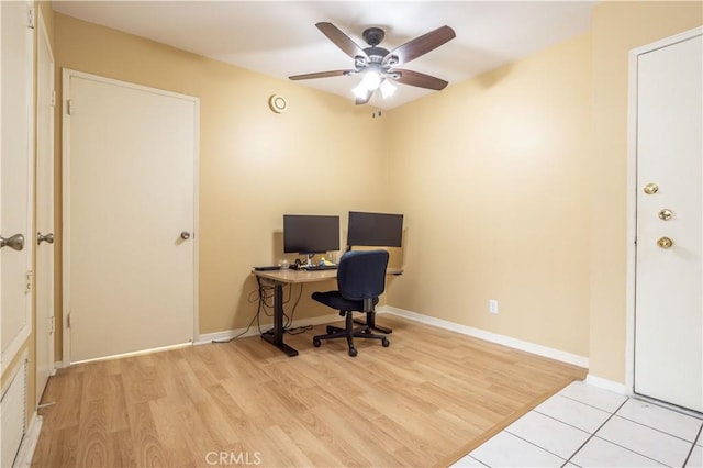 office space featuring ceiling fan and light wood-type flooring