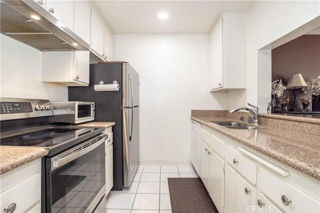 kitchen with white cabinetry, dishwasher, sink, stainless steel electric stove, and light tile patterned floors