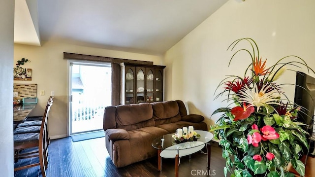 living room with dark hardwood / wood-style flooring and lofted ceiling