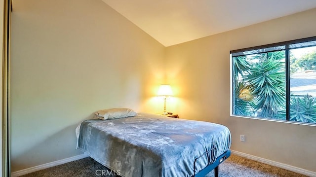 bedroom with carpet floors and vaulted ceiling