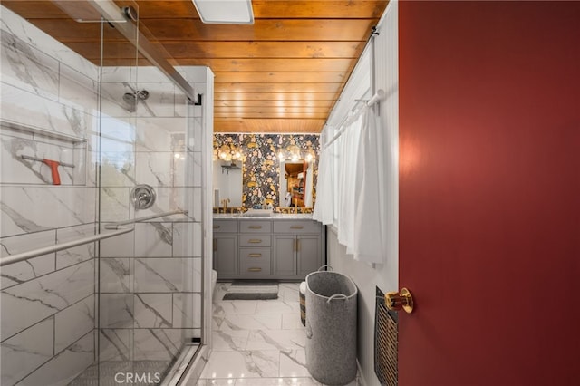 bathroom with vanity, walk in shower, and wood ceiling