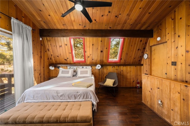 bedroom with ceiling fan, vaulted ceiling with beams, dark hardwood / wood-style floors, wood walls, and wood ceiling