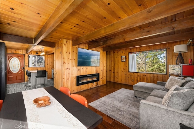 living room featuring beamed ceiling, wood ceiling, dark wood-type flooring, and wood walls