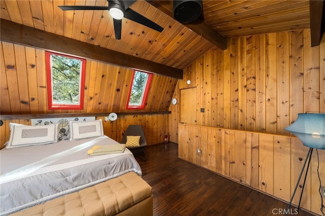 bedroom featuring vaulted ceiling with beams, dark hardwood / wood-style flooring, wood ceiling, and wood walls