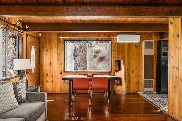 dining area with wood walls, beamed ceiling, and wood ceiling